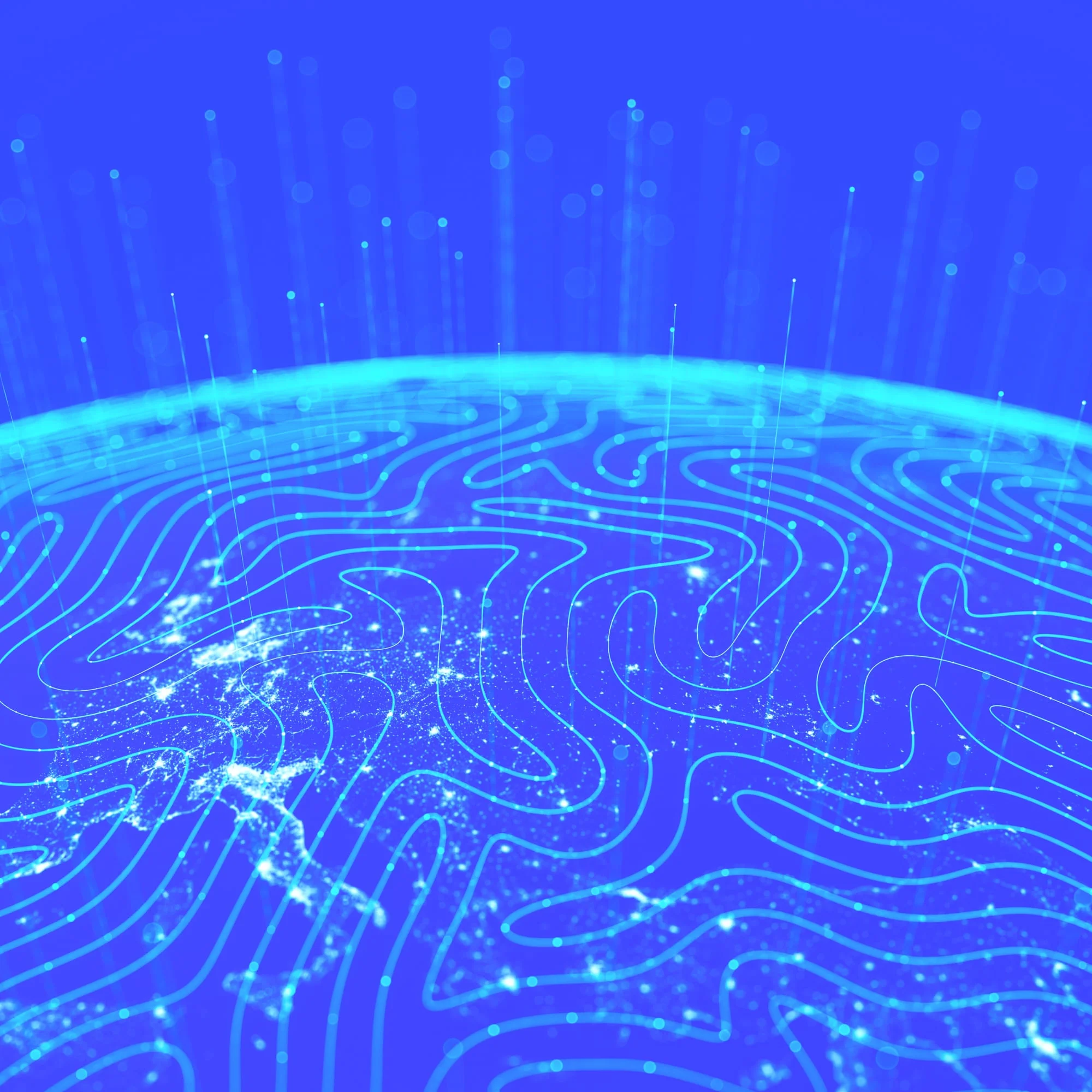 digital globe showing circuit board map with data streams blue global network