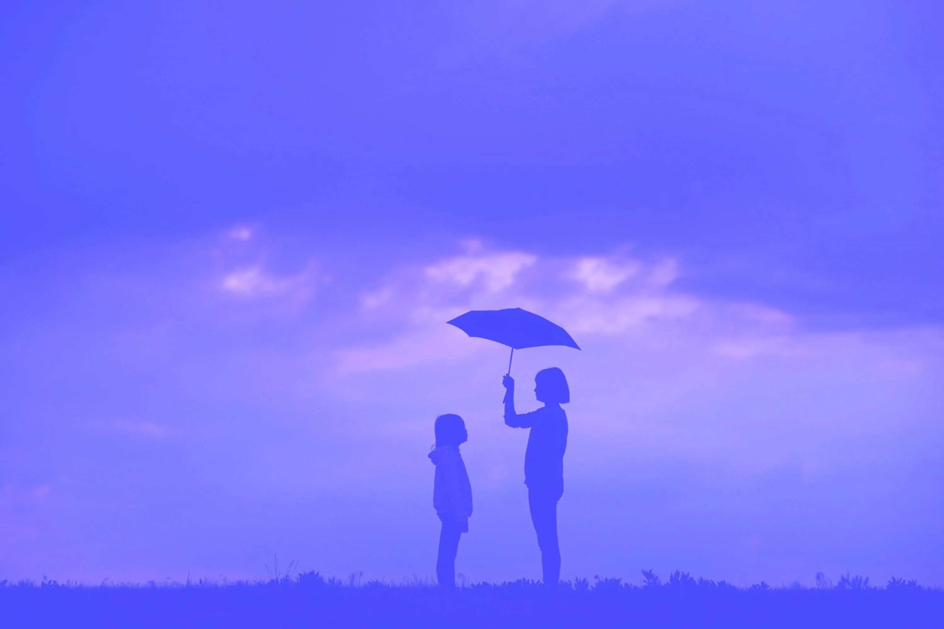 silhouette of person holding umbrella over child in field at dusk blue purple