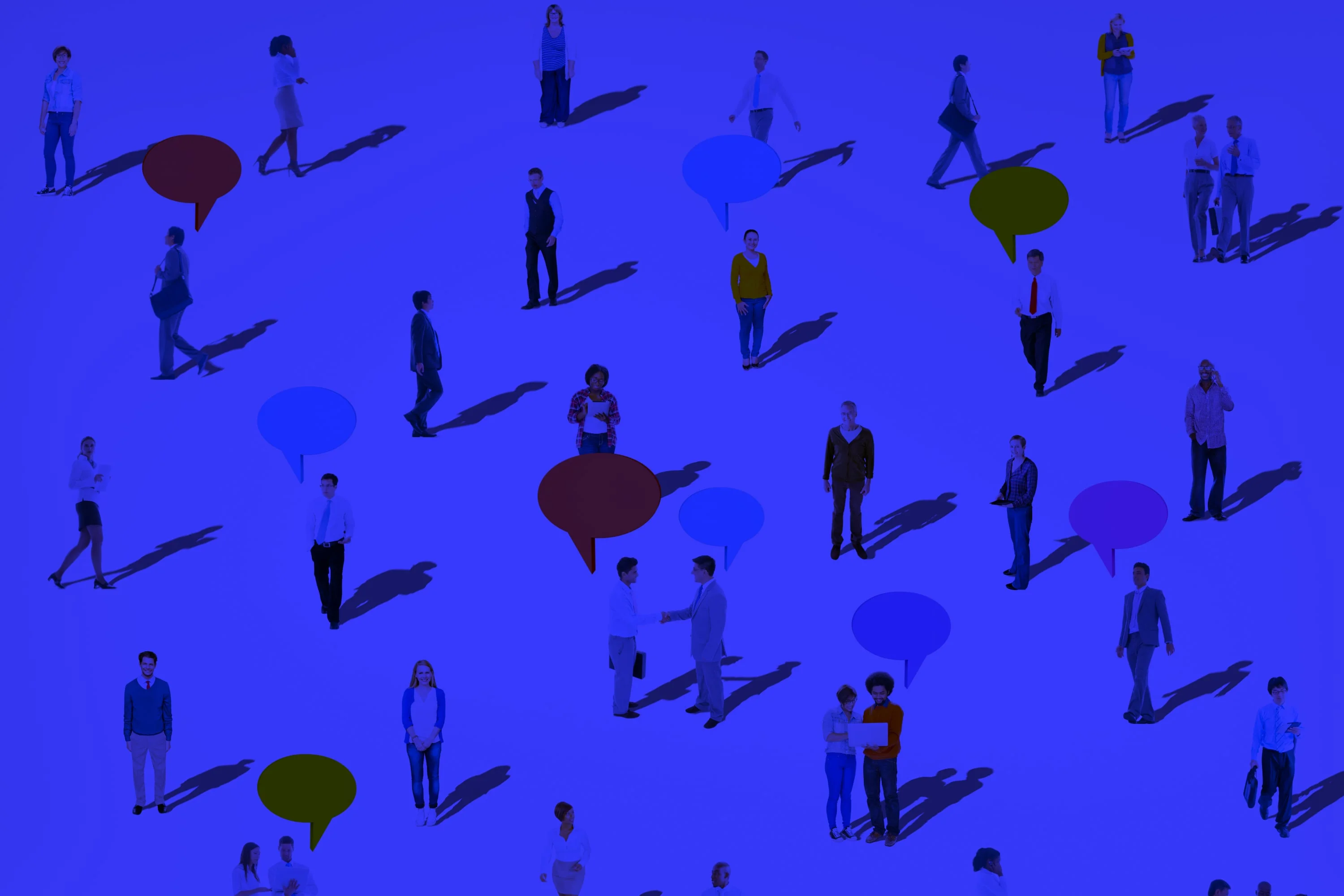 diverse group of illustrated people with speech bubbles blue background community