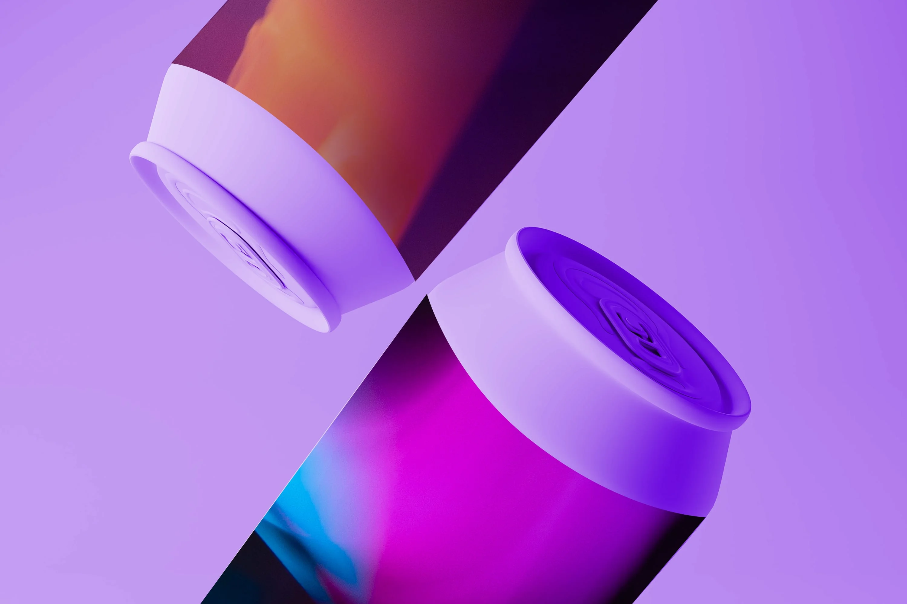 two 3d cylindrical product containers close up with gradient labels purple background