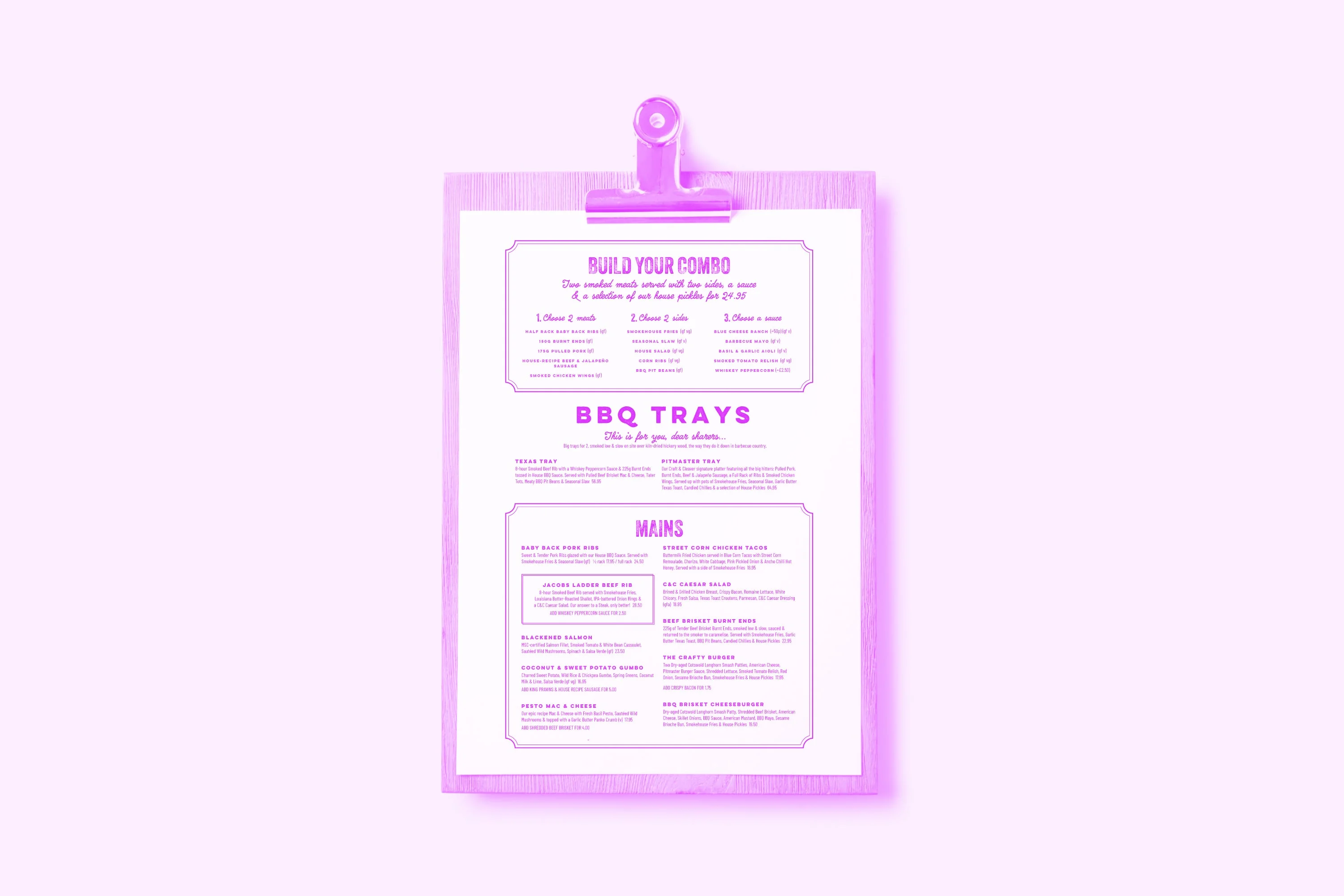 bbq restaurant menu on clipboard showing build your combo bbq trays mains pink purple