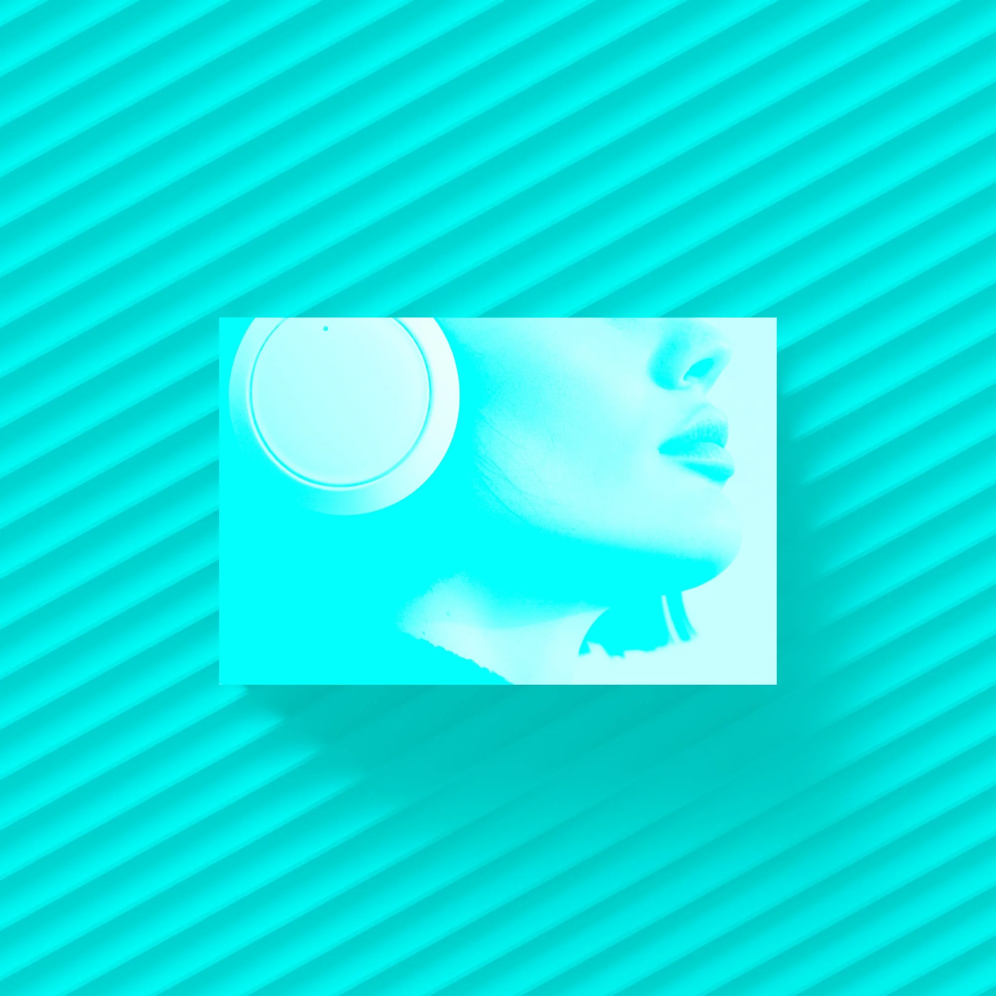 close up woman wearing wireless headphones side profile teal diagonal stripe background