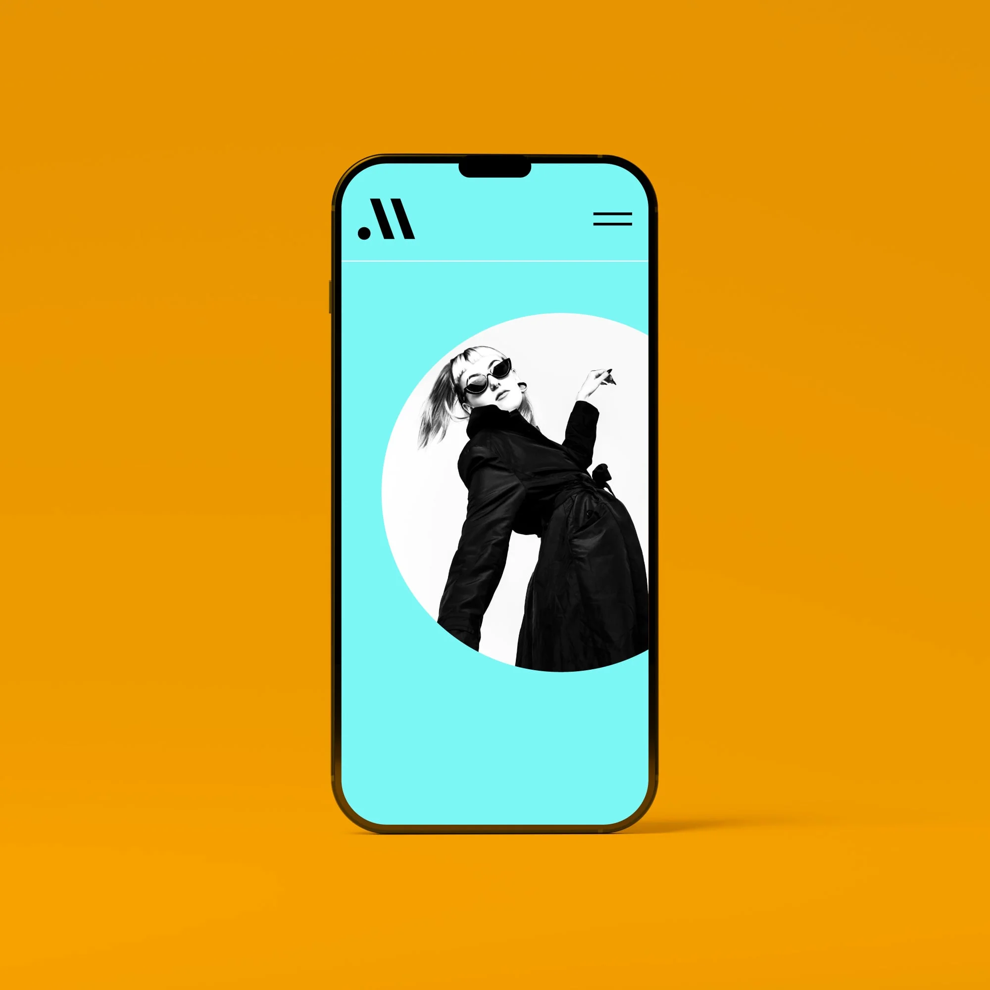 iphone mockup showing fashion website teal background model in circular frame amber