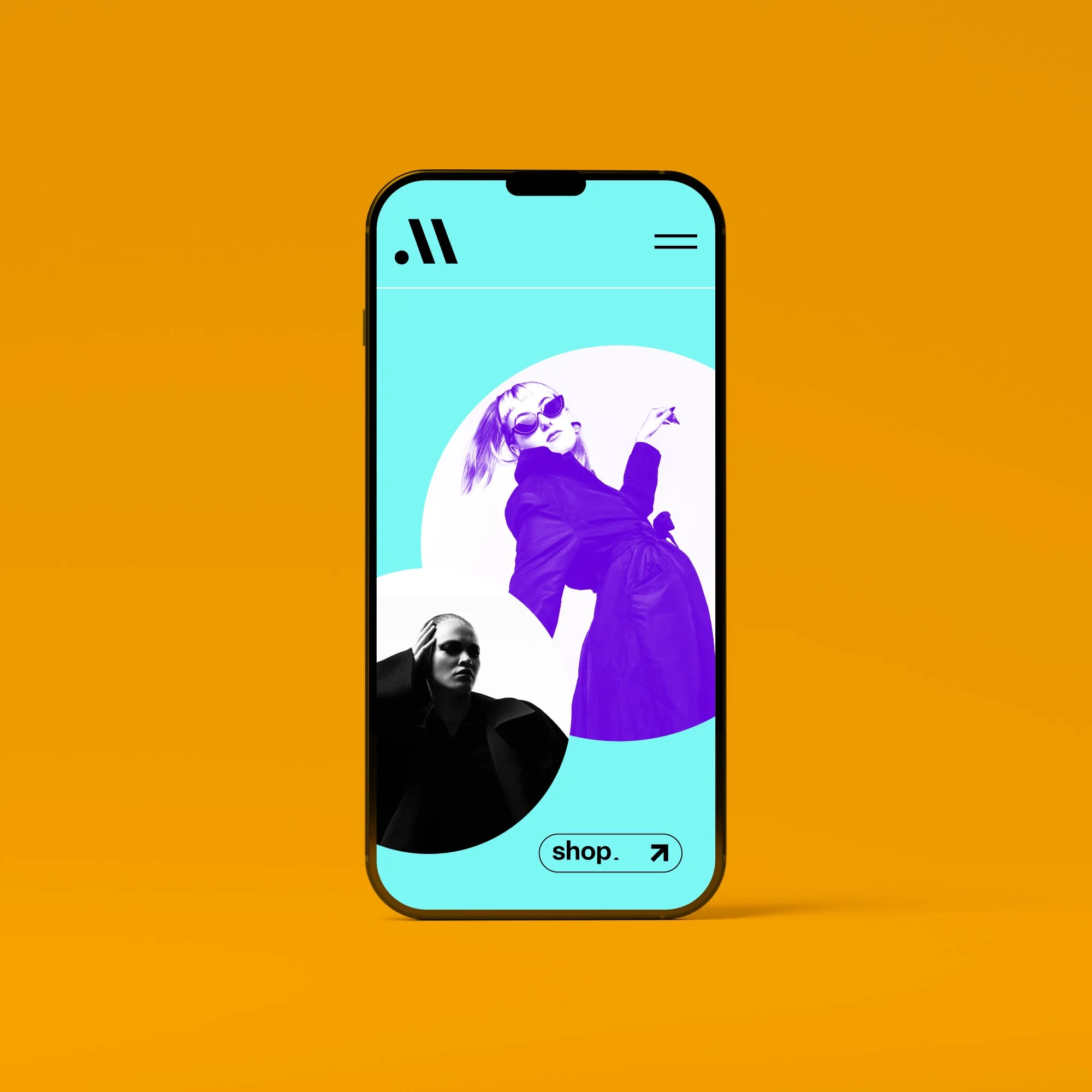 iphone mockup showing completed fashion website teal background purple model shop button amber