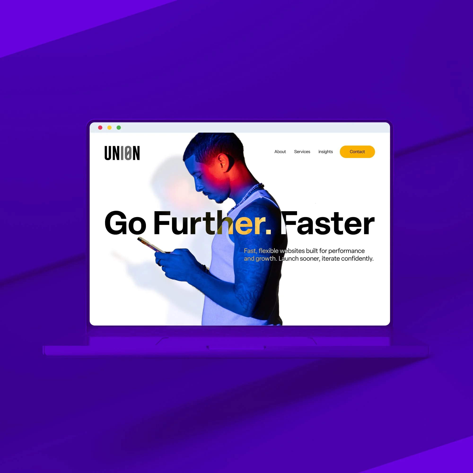 laptop showing union go further faster homepage purple background