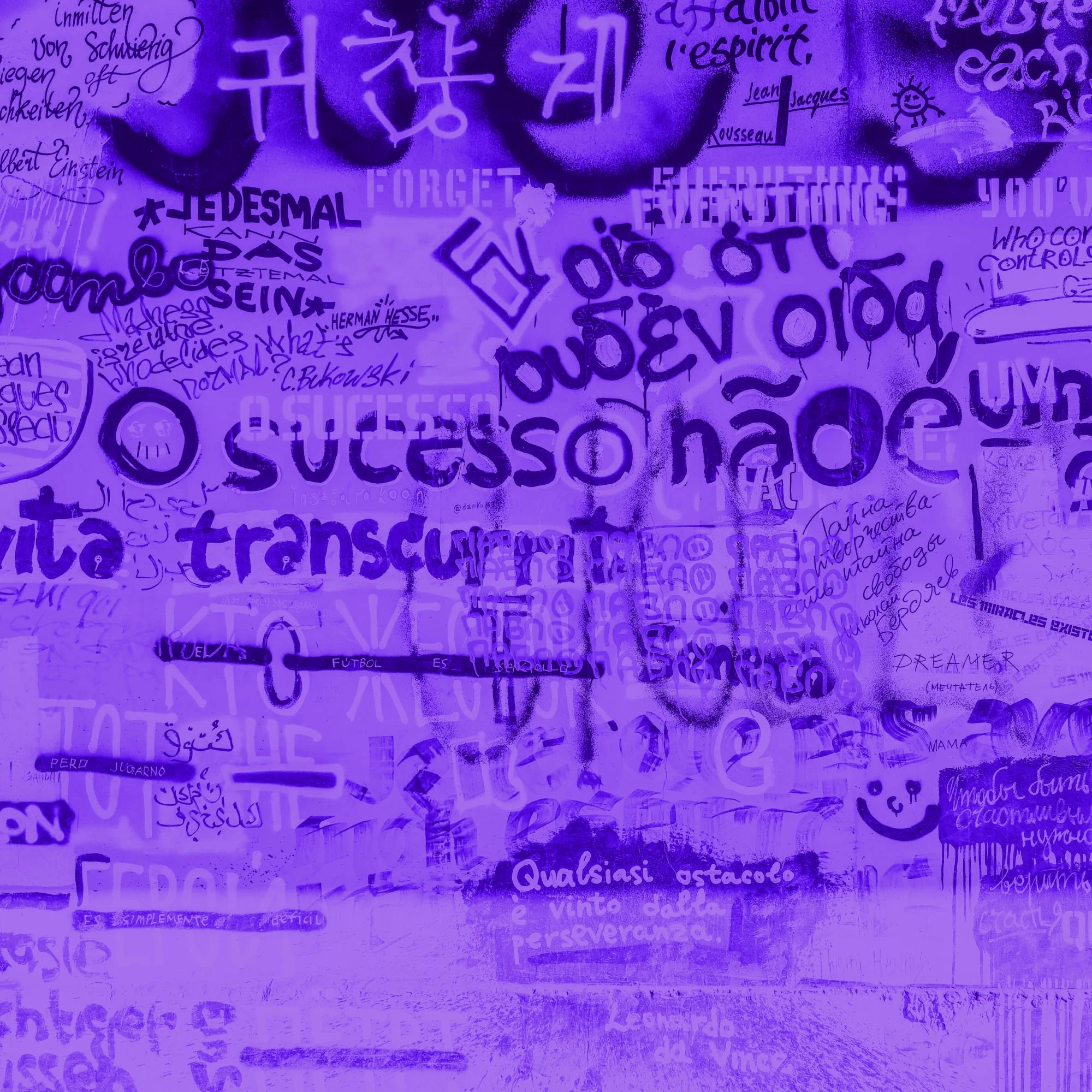 multilingual text quotes on graffiti wall purple toned