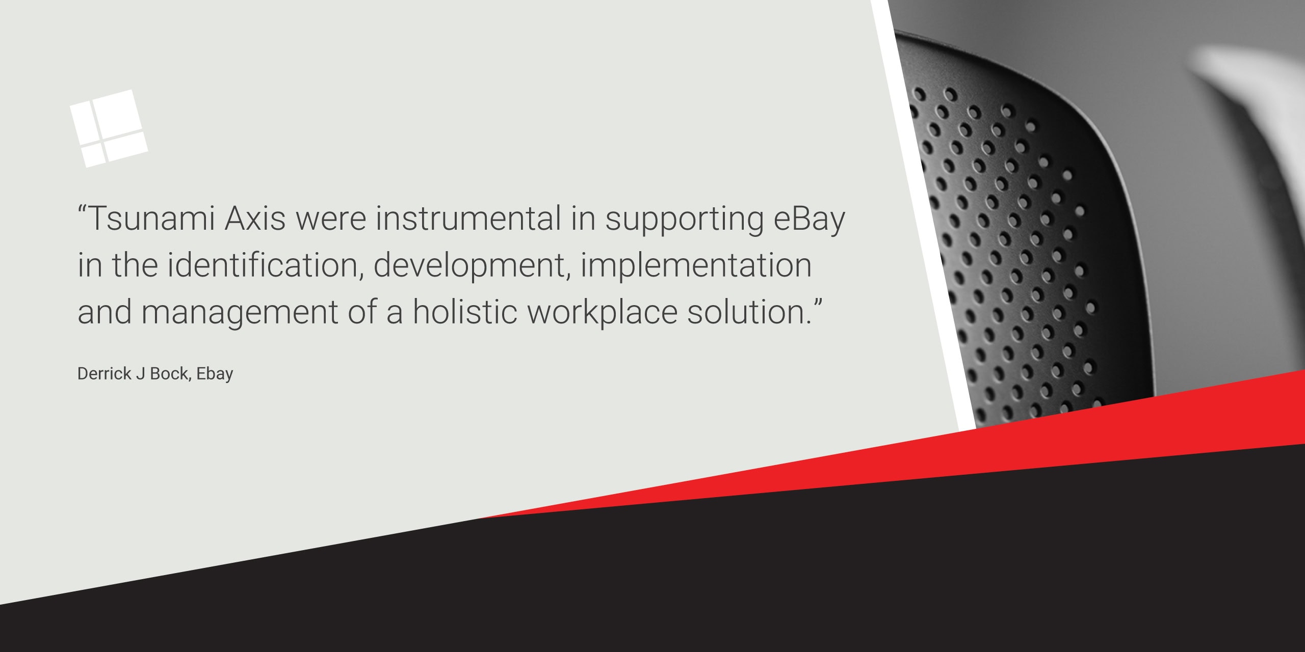 Tsunami Axis testimonial quote layout with geometric red accent and chair texture detail