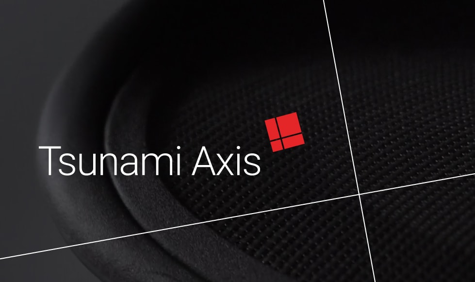 Abstract image of black chair back with Tsunami Axis logo.