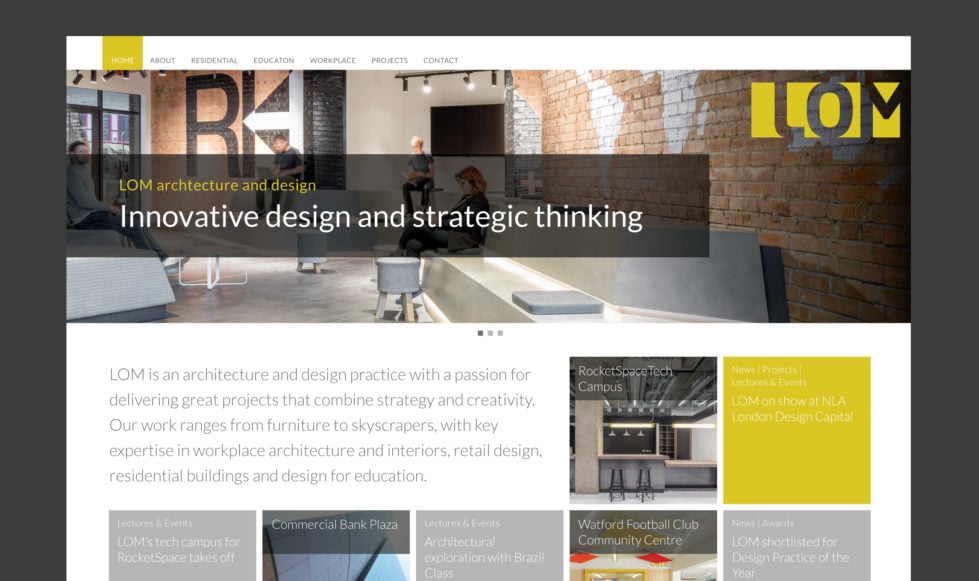 Architecture website homepage Architecture website LOM homepage shown on grey background.