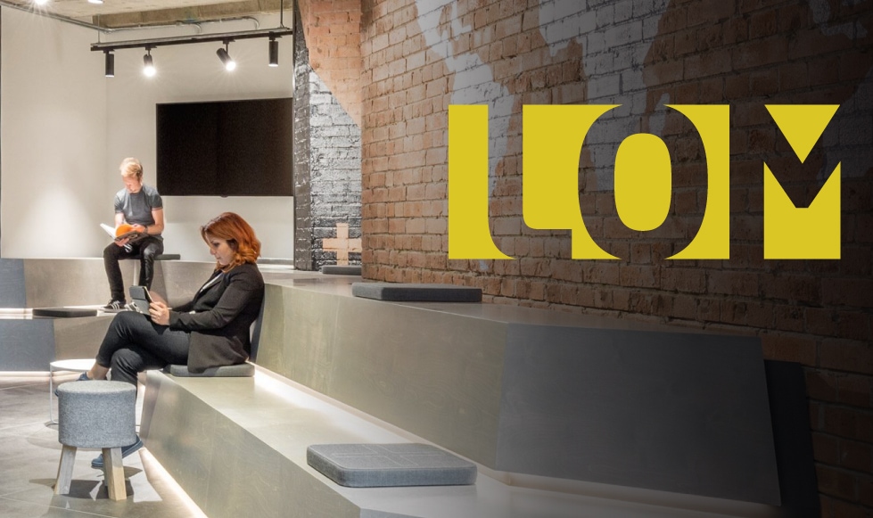 LOM logo reversed out from project image.
