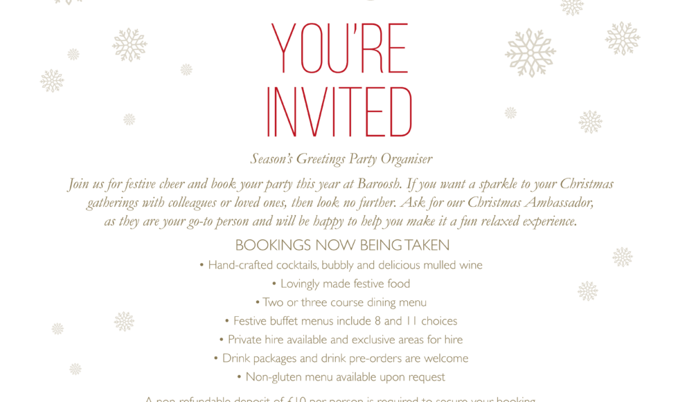 Baroosh Christmas Menu Design Bold coloured bauble design with text stating