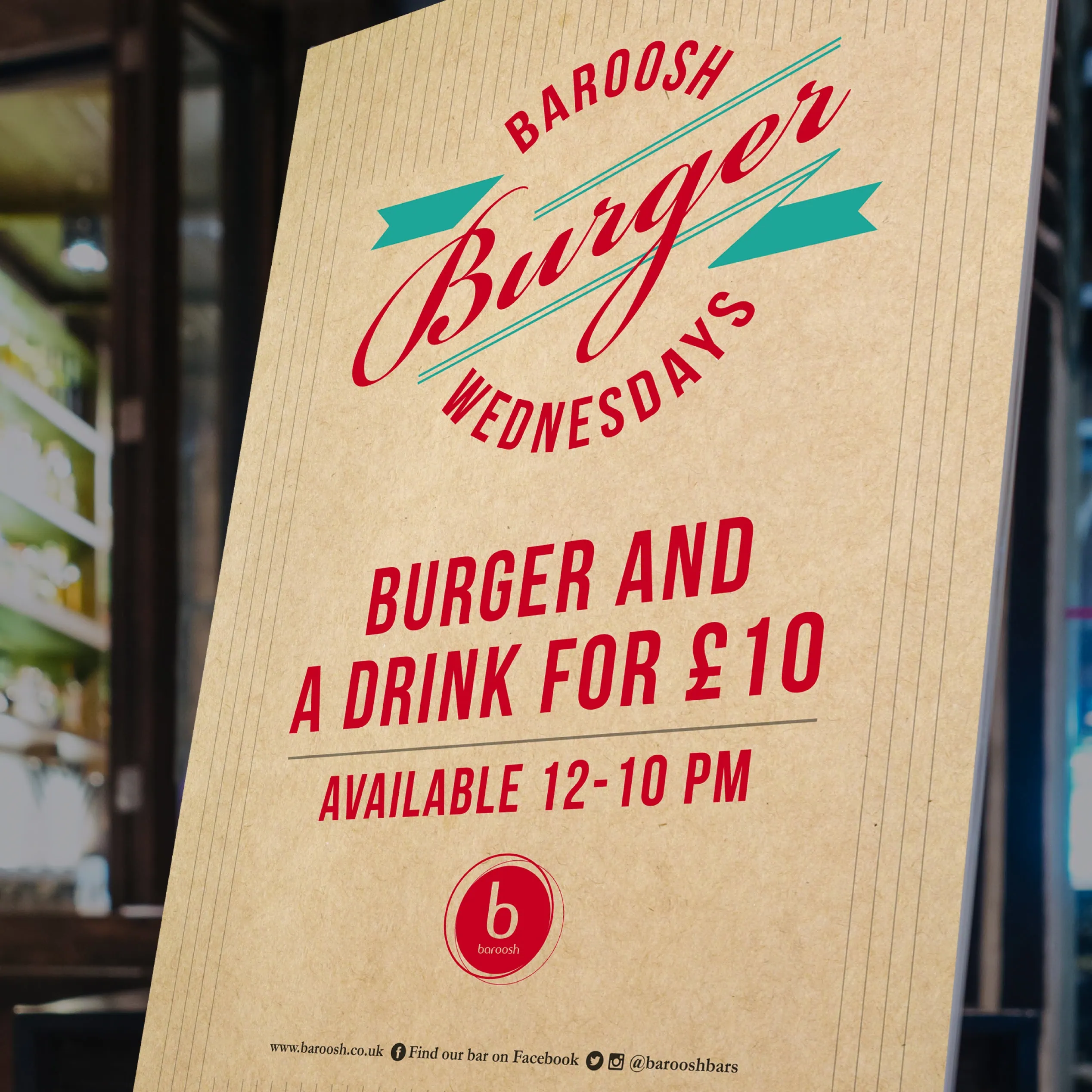 “Burger Wednesdays” restaurant poster promoting burger and a drink for £10