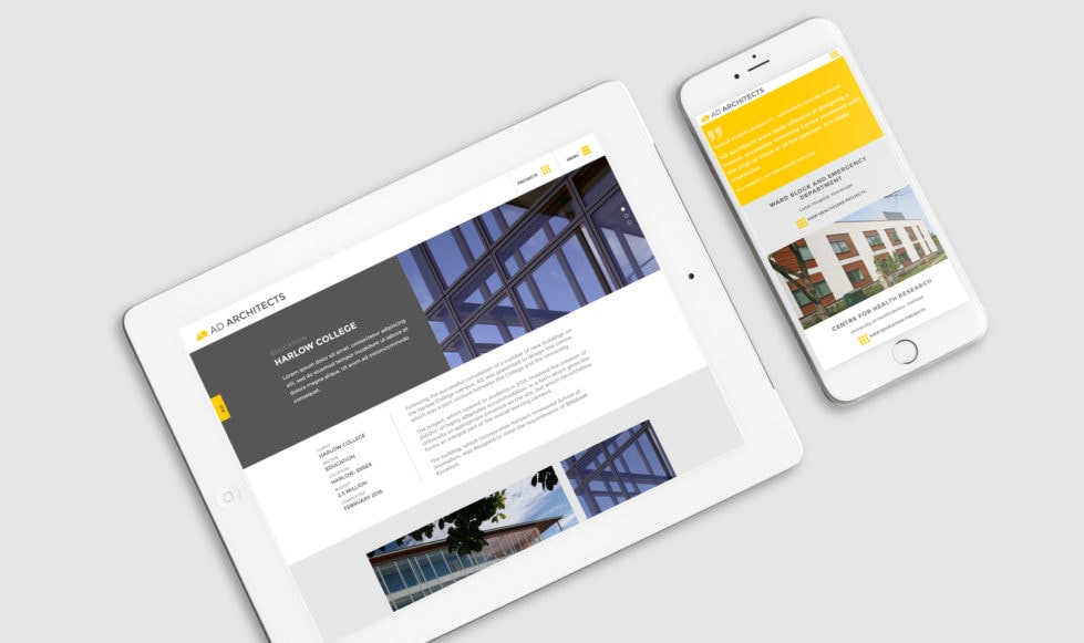 Best architects website development Tablet and mobile devices showing project pages from the AD Architects website.