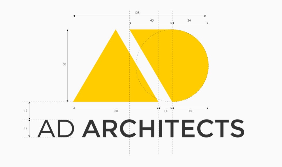 Best architecture websites brand design AD Architects logo on white background with arrows and numbers detailing dimension of the logo.