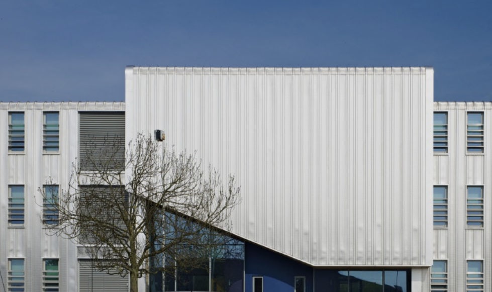 Best architecture websites image Stylish, simple photograph of the side of a large, white office block with a leaf-less tree in front of it and clear blue sky behind.