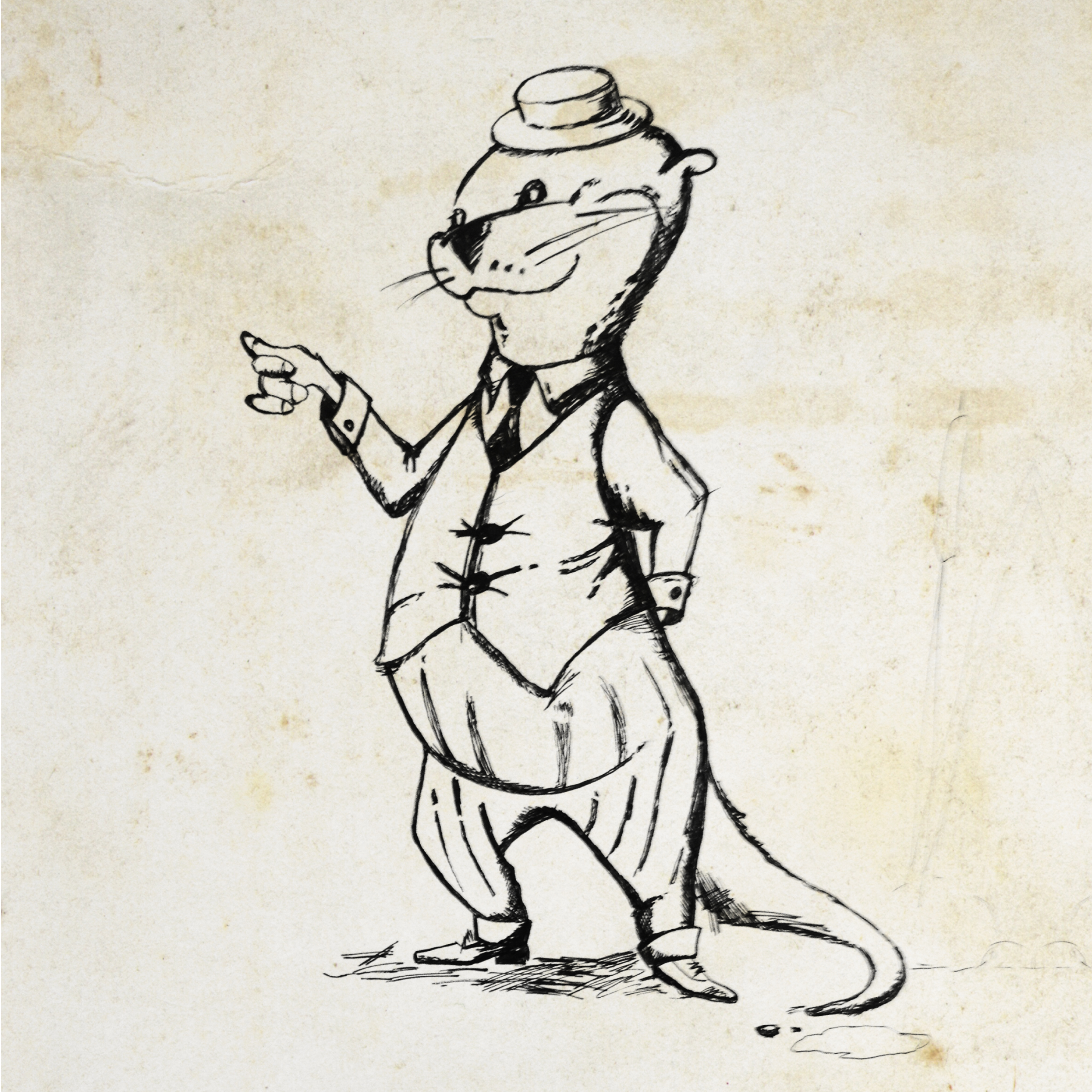 Hand-drawn otter mascot pointing, wearing a hat and waistcoat