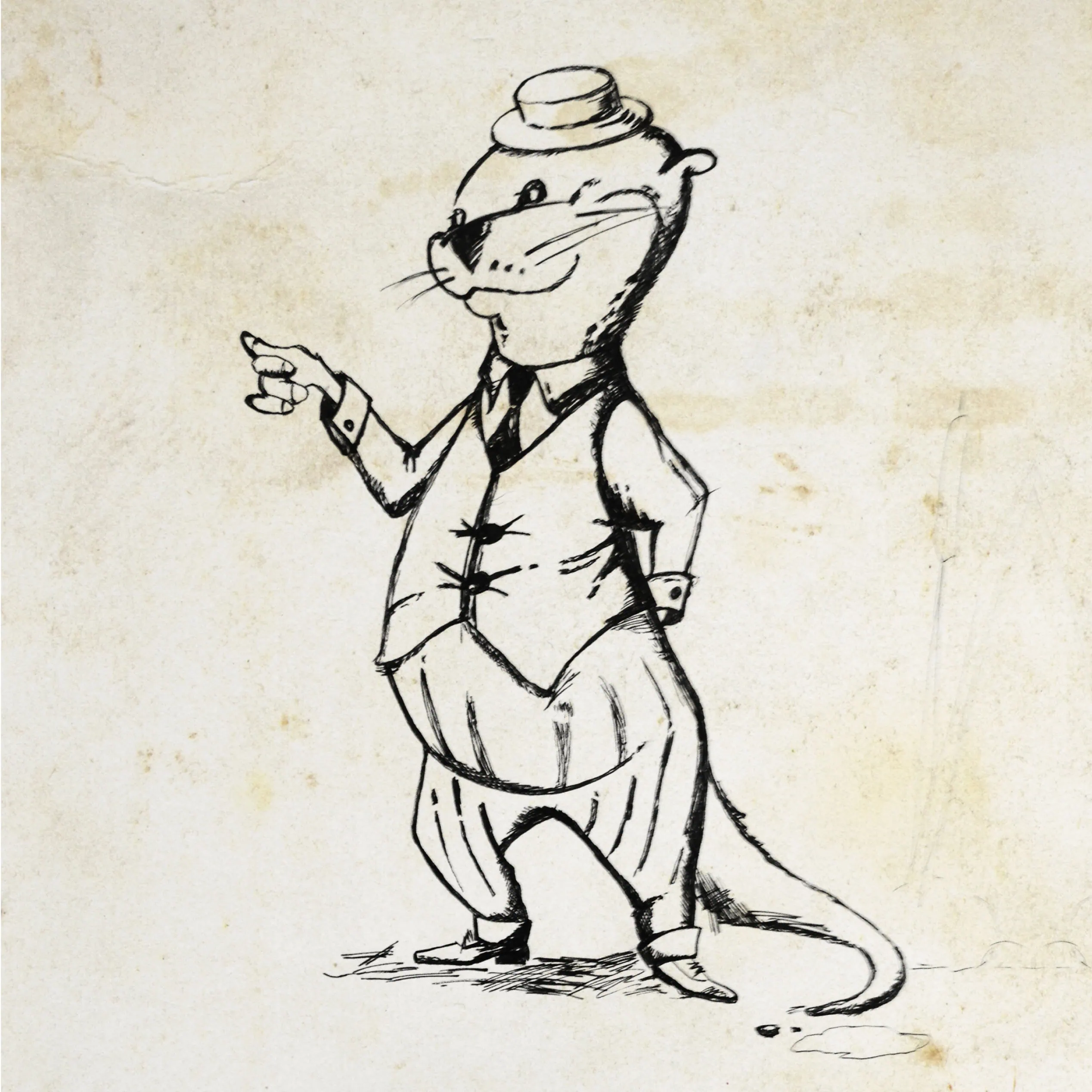 Hand-drawn otter mascot pointing, wearing a hat and waistcoat