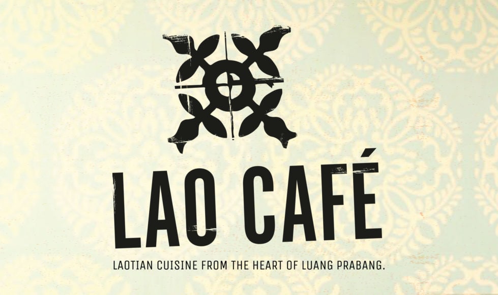 Black Lao Cafe logo, which is a Laotian tile detail with 'Lao Café' in capital letters beneath — all with a vintage distressed texture.