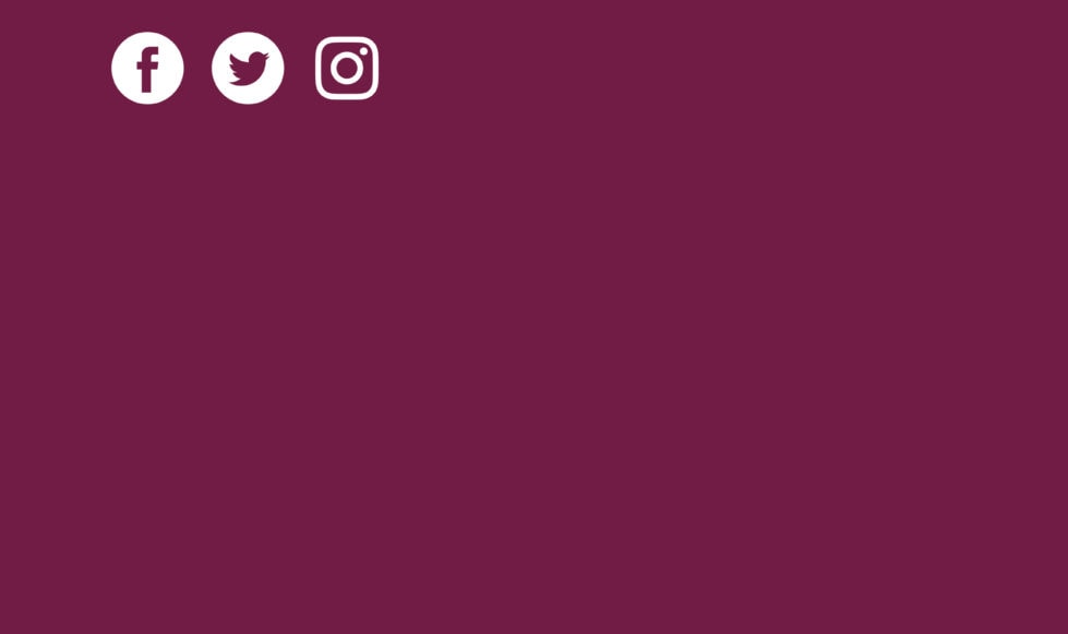 Business card back: burgundy background with white text featuring contact details.