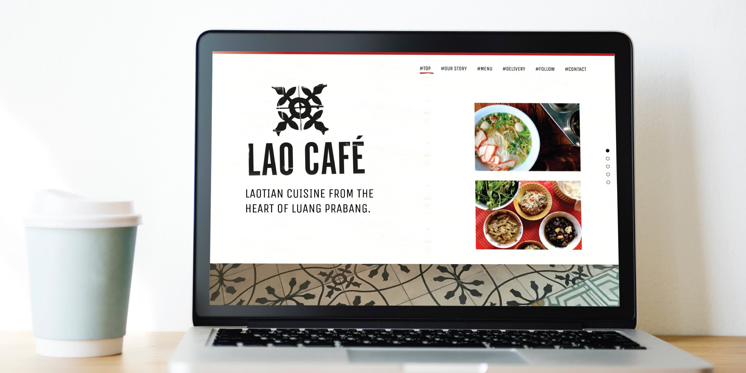 Lao Café one-page website homepage shown on a laptop with food photography panels