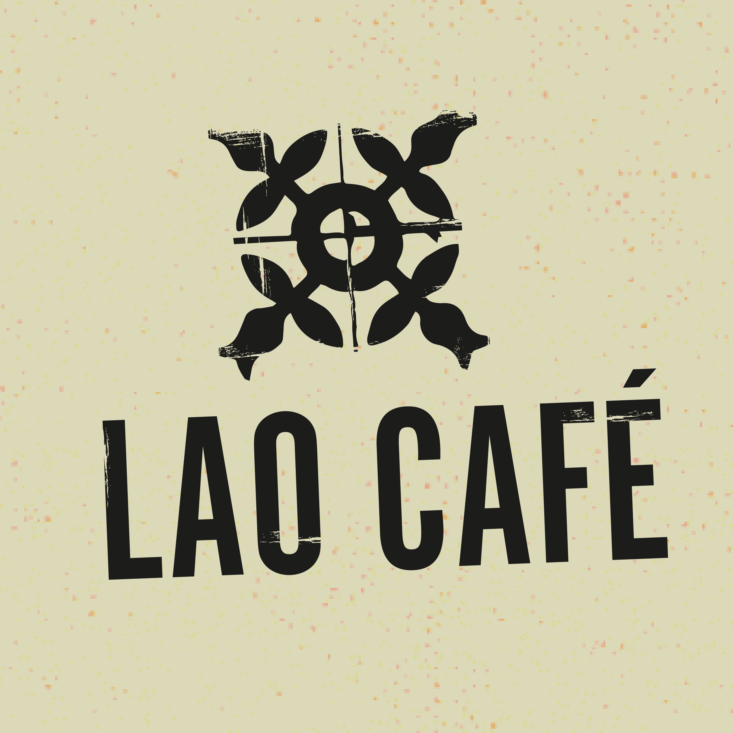 Lao Café logo mark and wordmark on a textured cream background