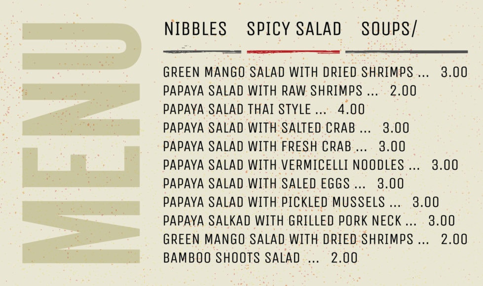 Section from menu featuring black text.