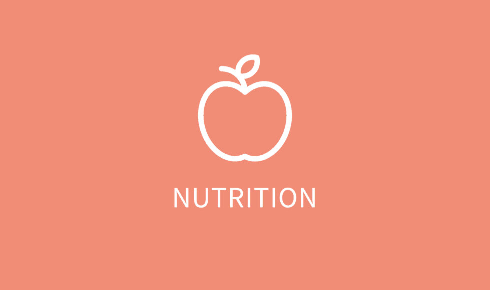 Simple white apple icon on a pink background representing nutrition.