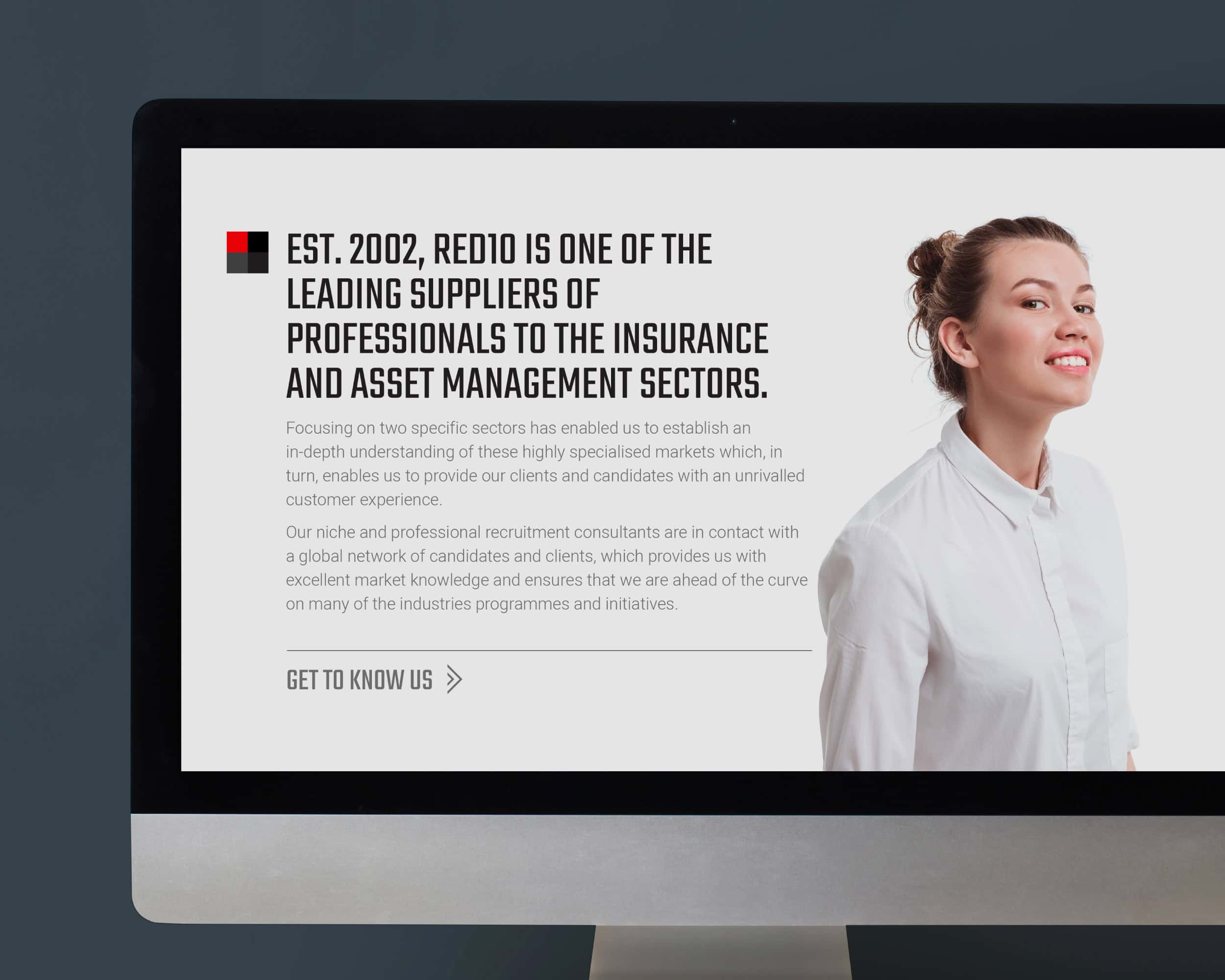 Red10 website about page on desktop screen with bold typography, “Est. 2002” intro copy and a portrait image of a woman