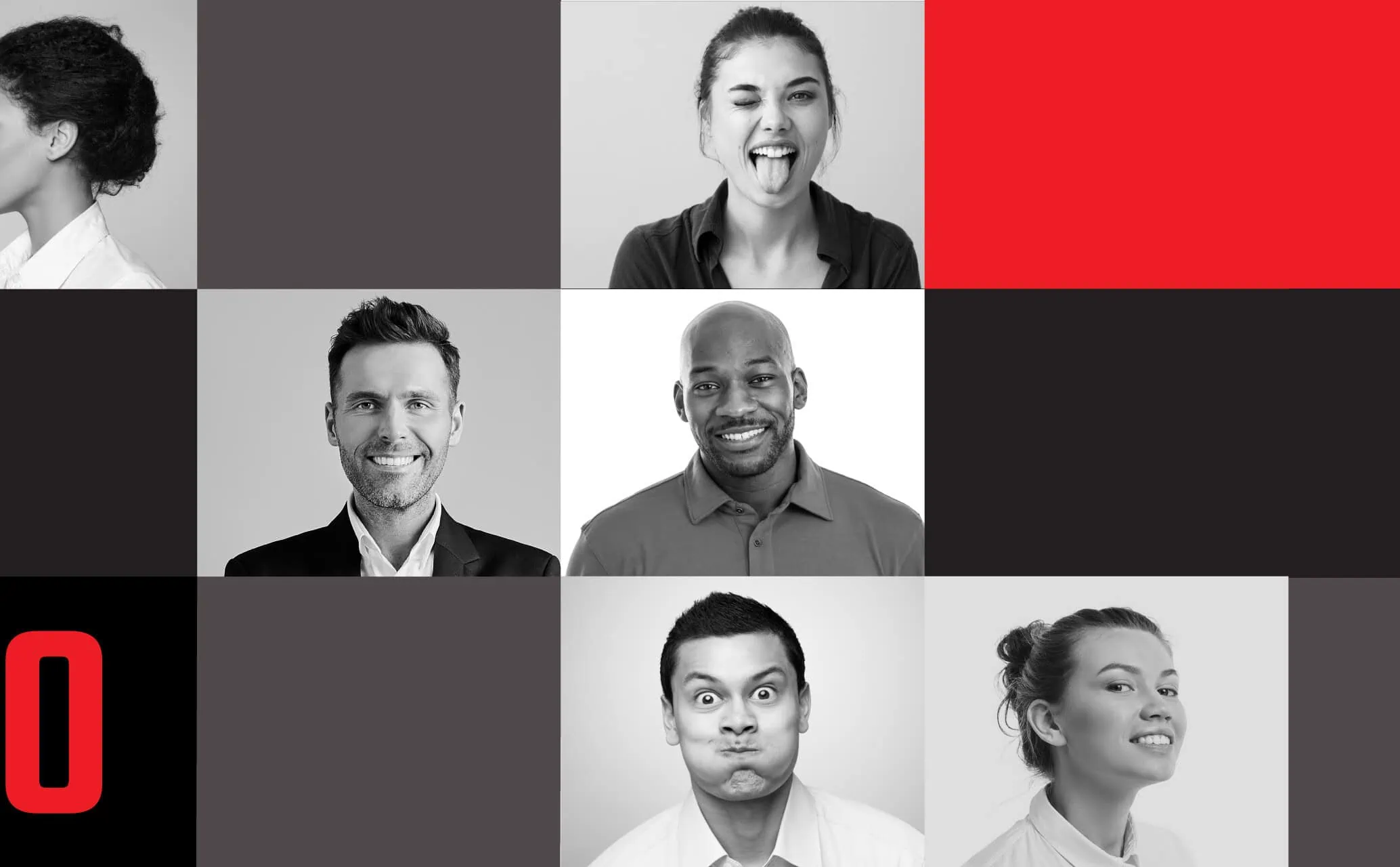 Grid of black-and-white portraits with a red accent block and Red10 “10” branding
