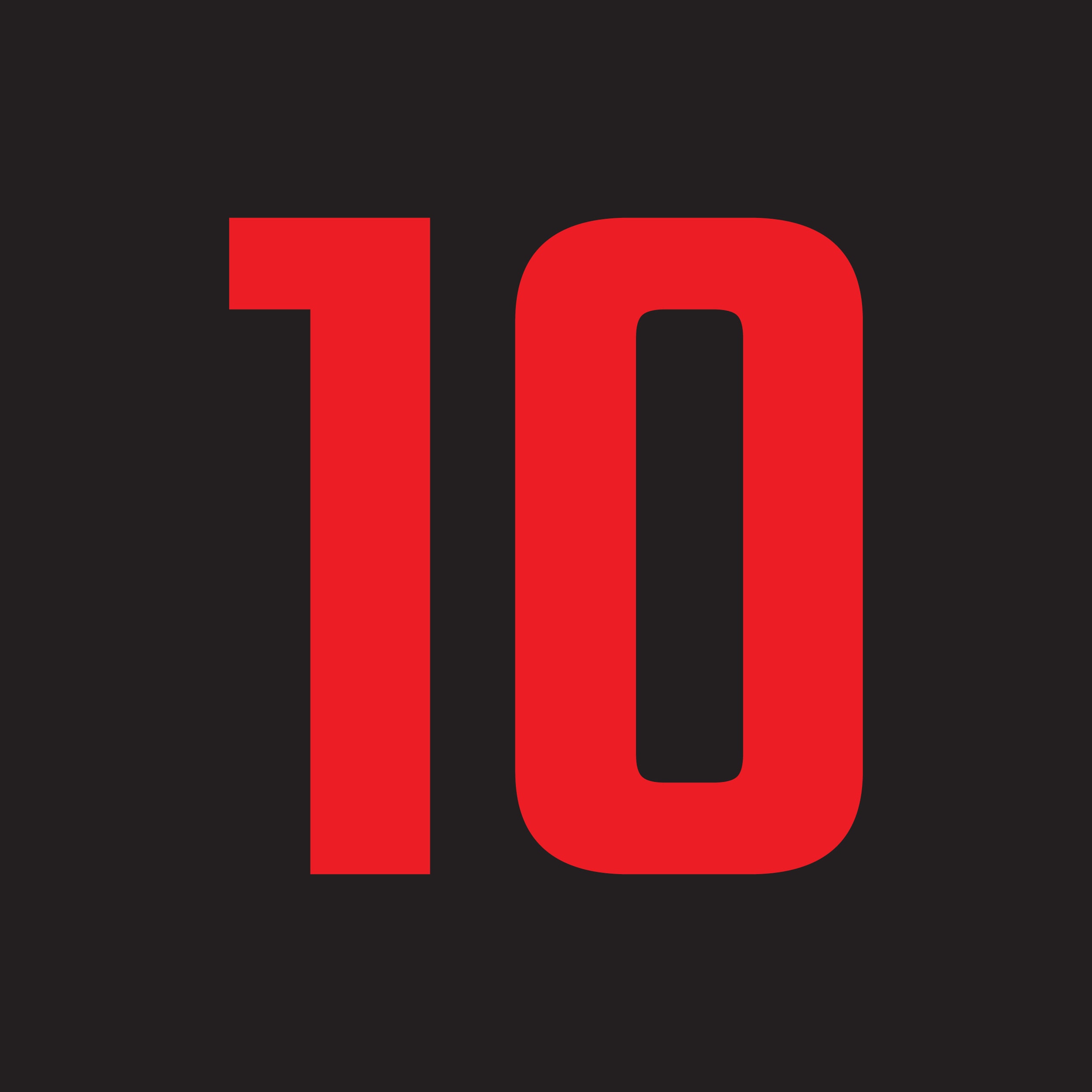 Large red “10” graphic on a black background
