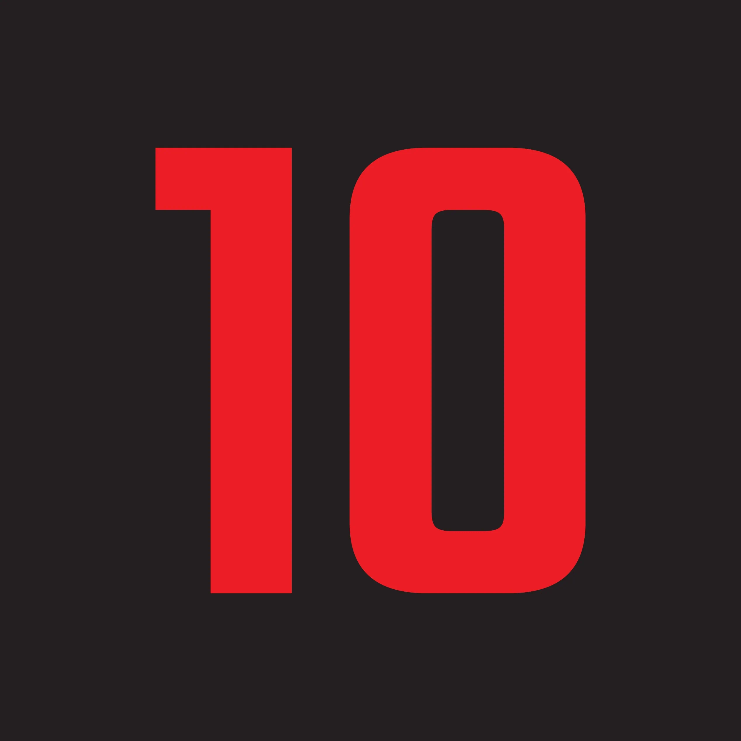 Large red “10” graphic on a black background