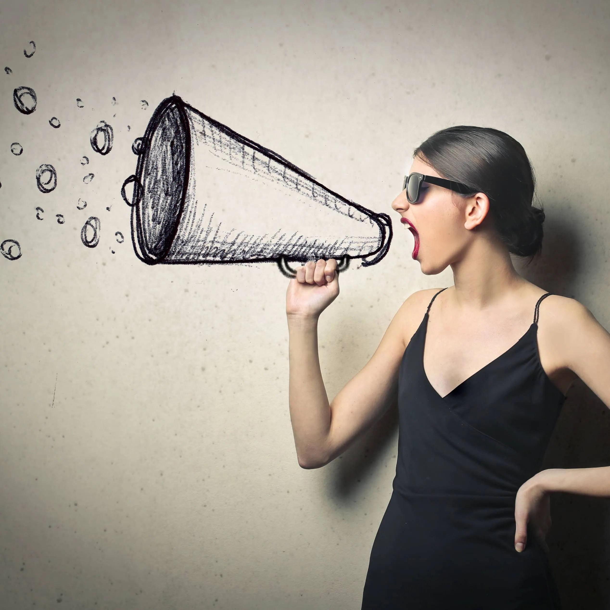 Woman wearing sunglasses shouting into an illustrated megaphone