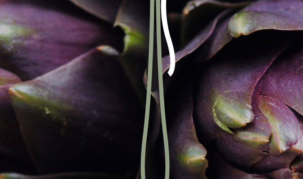 Dark purple artichoke background with white out Eatalia Vostra fork logo.