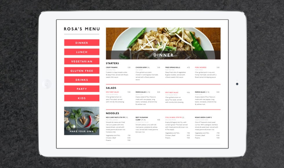 Restaurant page Restaurant website on tablet device showing a menu page.