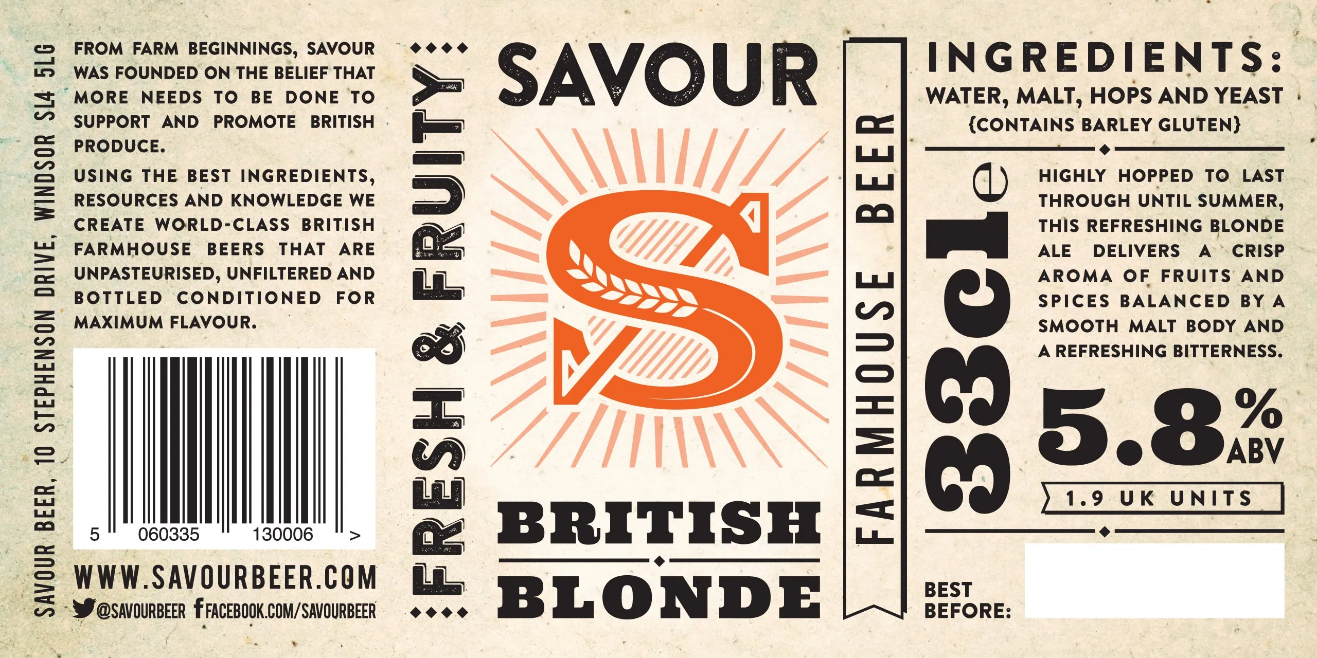 Savour beer label artwork layout showing typography, ingredients panel and barcode