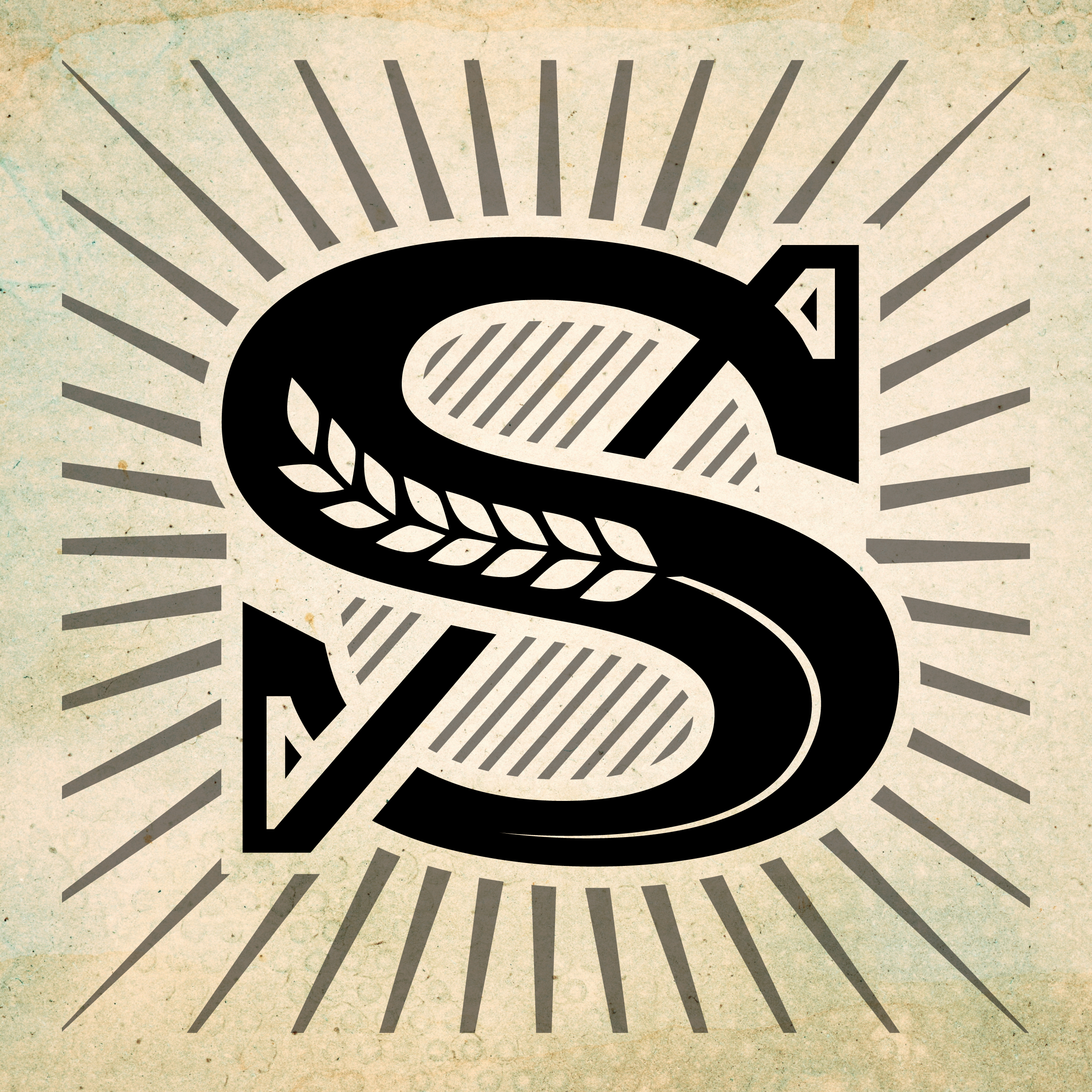Savour “S” monogram with wheat detail and radiating lines on textured paper background