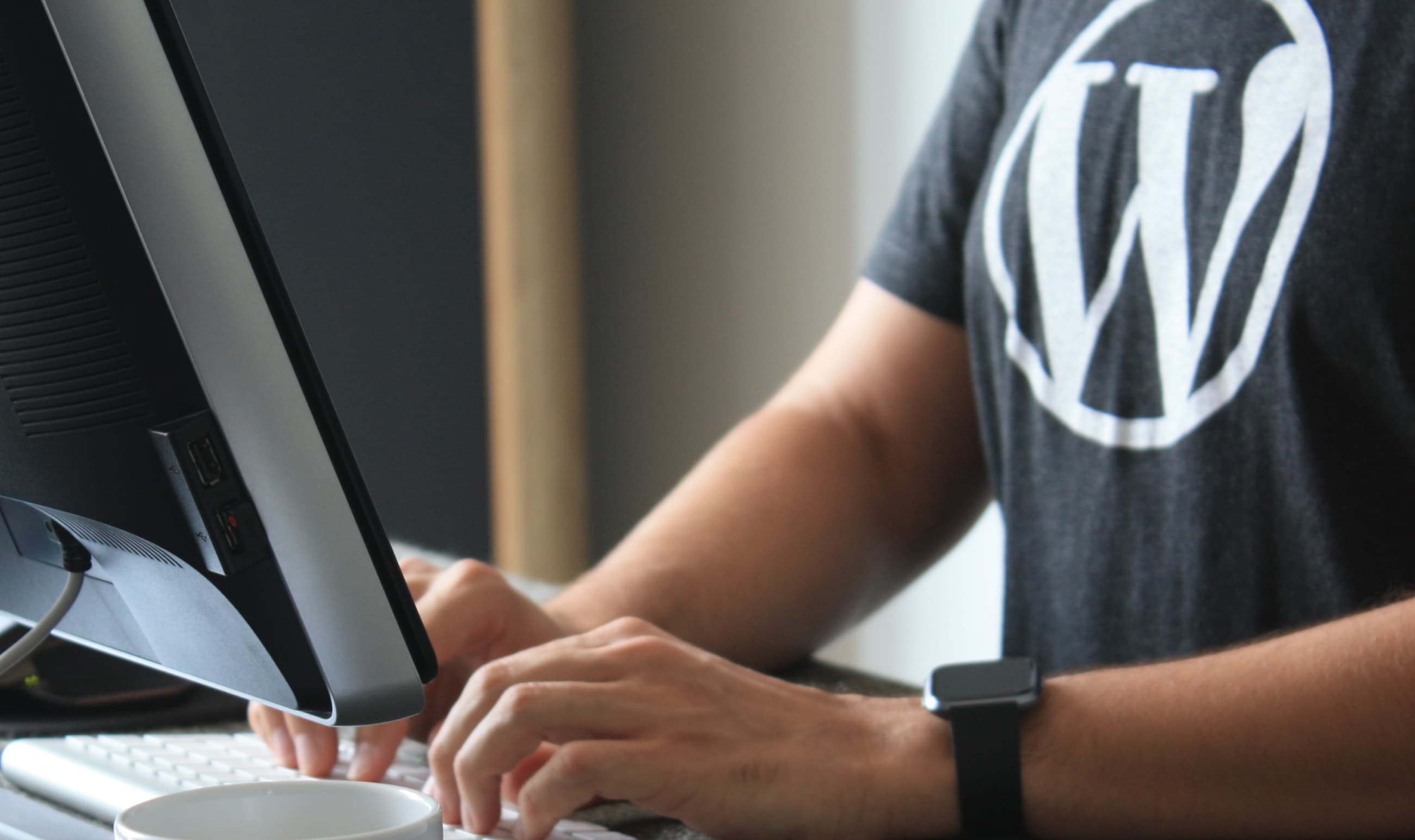 Person at computer with WordPress branded T-shirt