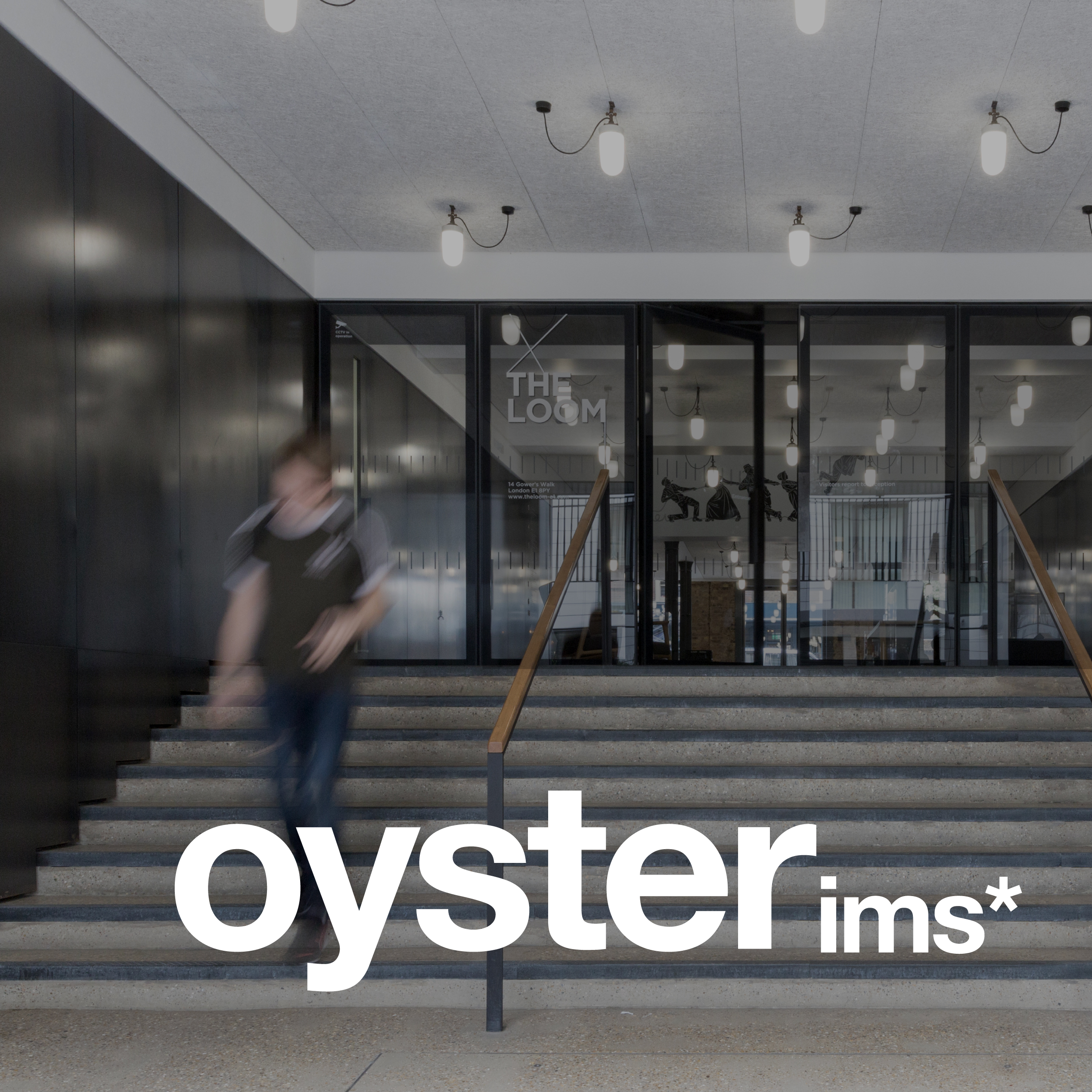 Oyster IMS logo overlaid on a modern office entrance with steps