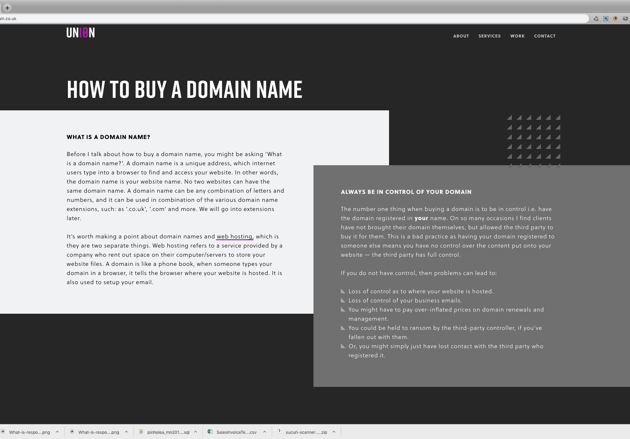 Screen shot of How to buy a domain webpage, text only.