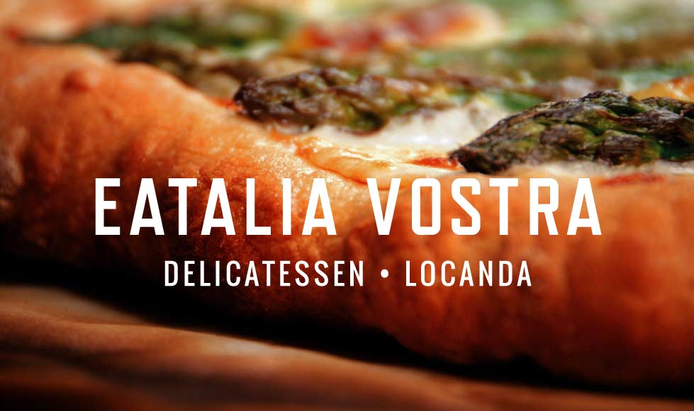 Restaurant logo design shown on a background image of traditional, rustic pizza.