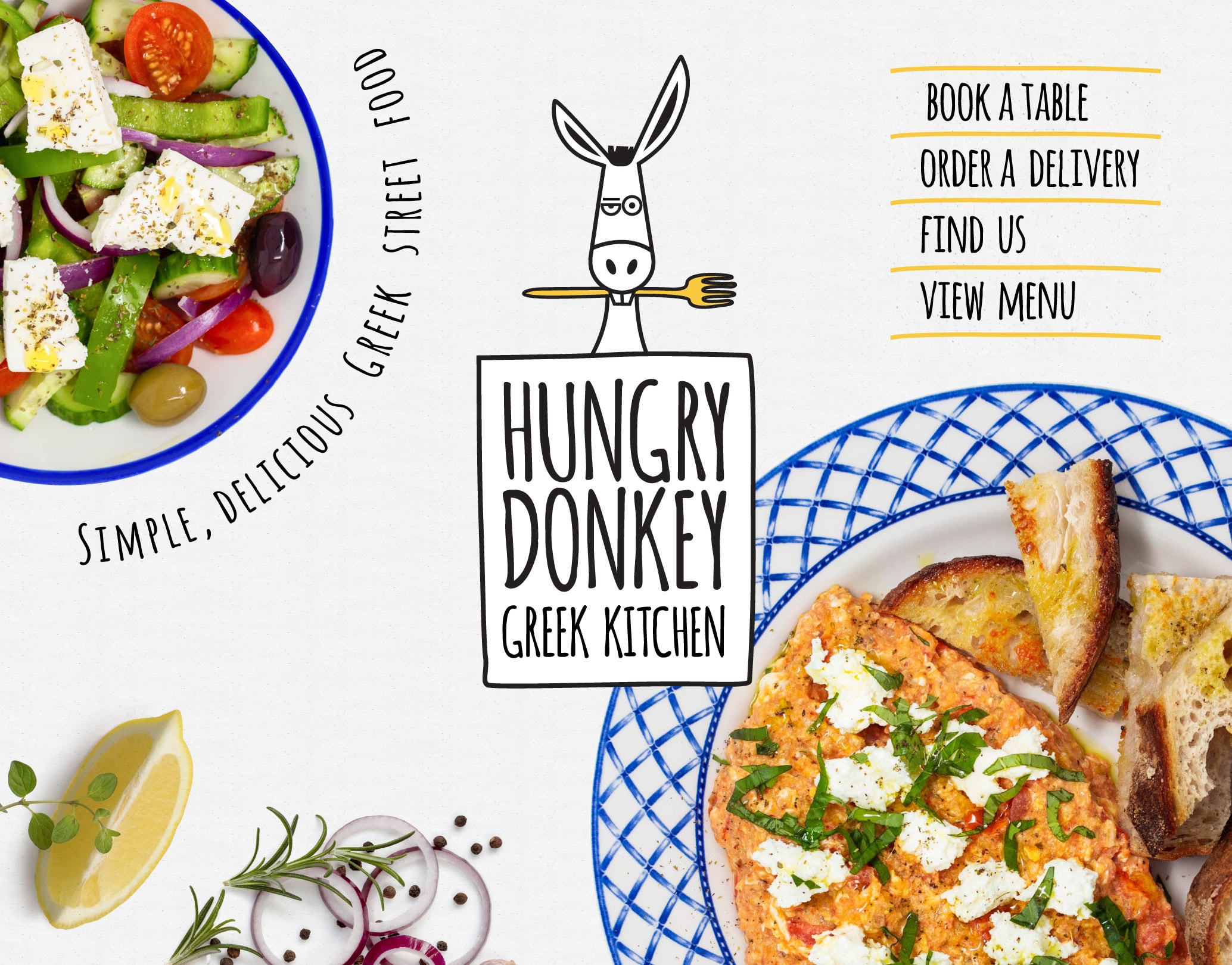 Hungry Donkey Greek Kitchen homepage graphic with donkey logo, Greek salad and dip photography, and menu links for booking, delivery and viewing the menu