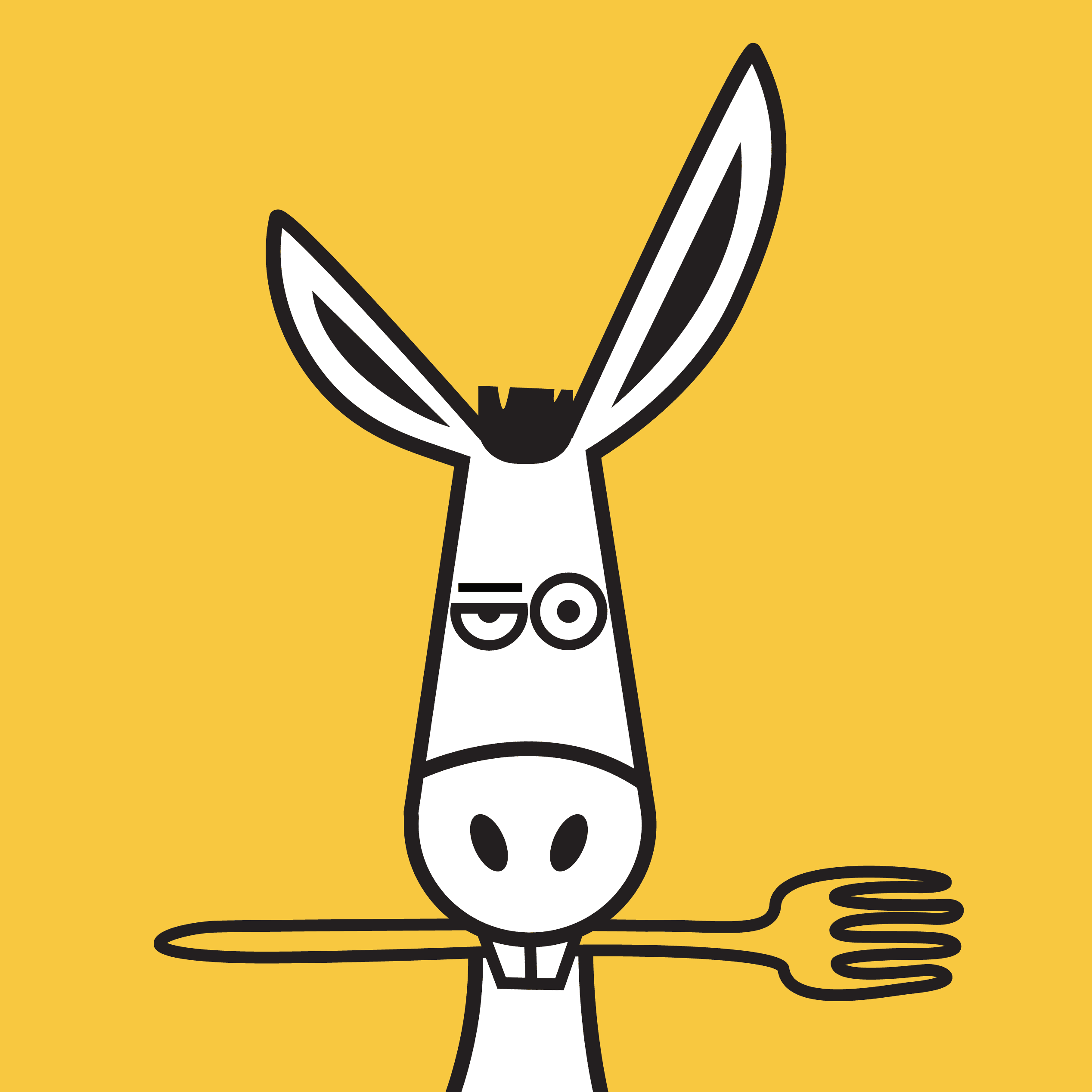 Hungry Donkey donkey illustration on a yellow background holding a fork