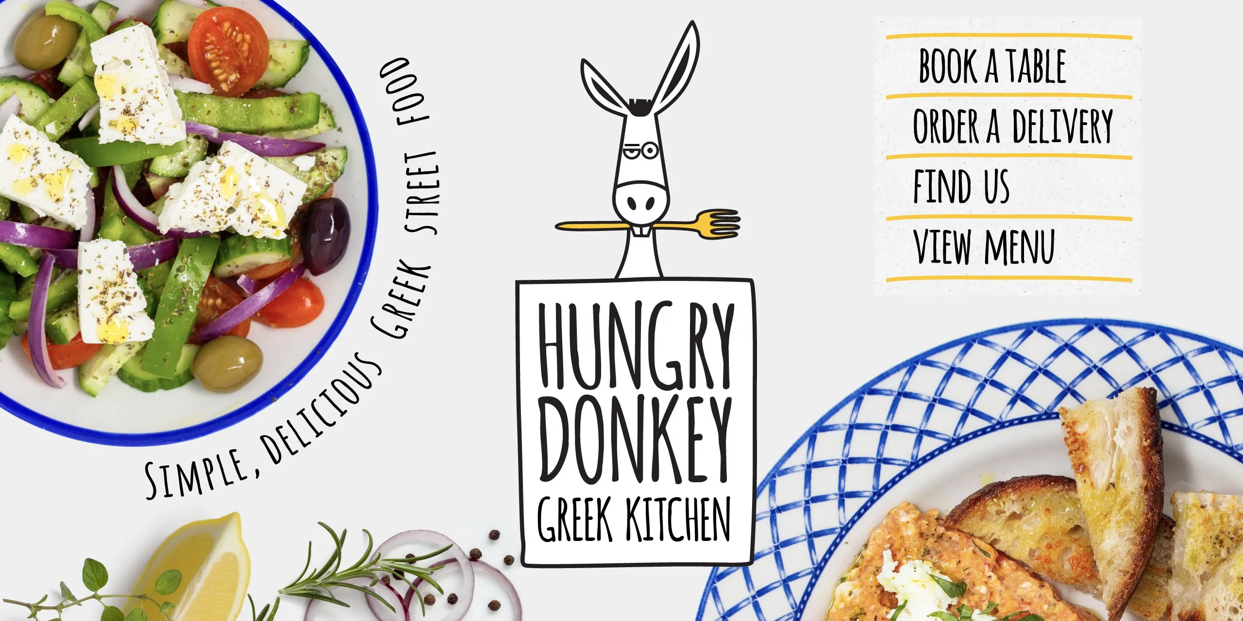 Image of the hero section of the Hungry Donkey homepage showing overhead shots of feta salad and bread and humus overlayed with the Hungry Donkey logo which is a cartoon donkey holding a fork in its mouth and the words Hungry Donkey Greek Kitchen in a cartoon font.