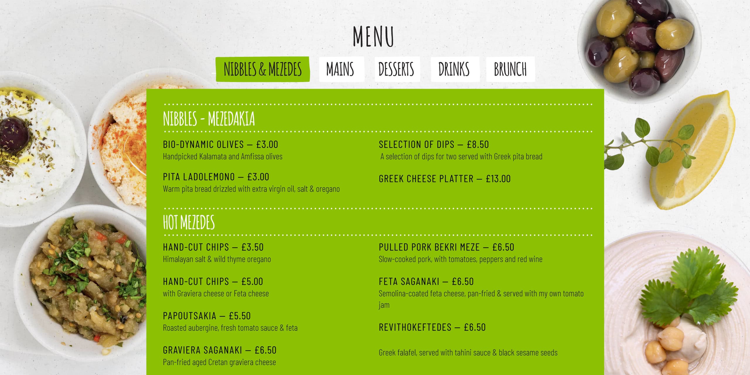 Hungry Donkey online menu layout showing sections and prices, framed by food and ingredient photography