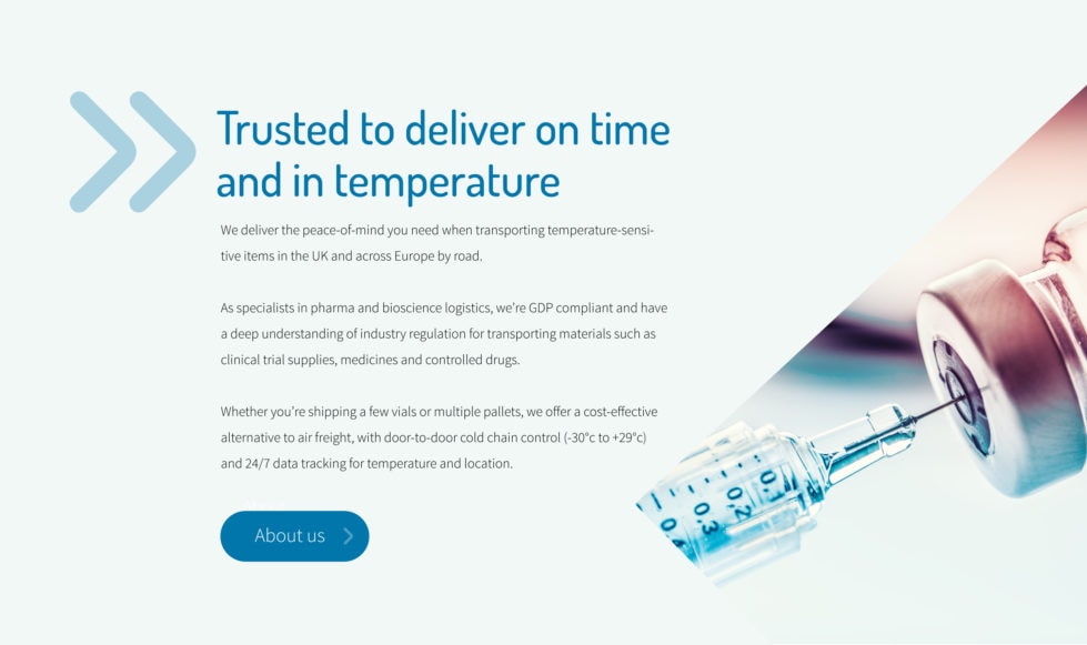 Typical website page layout with text and image of a syringe