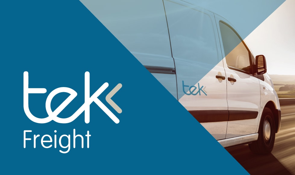 Tek Freight blue angular branding with an image of their van behind it