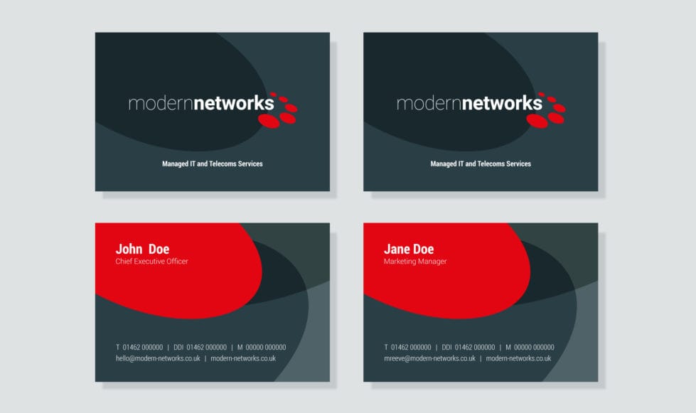 Back and front of two business cards shown on a light grey background