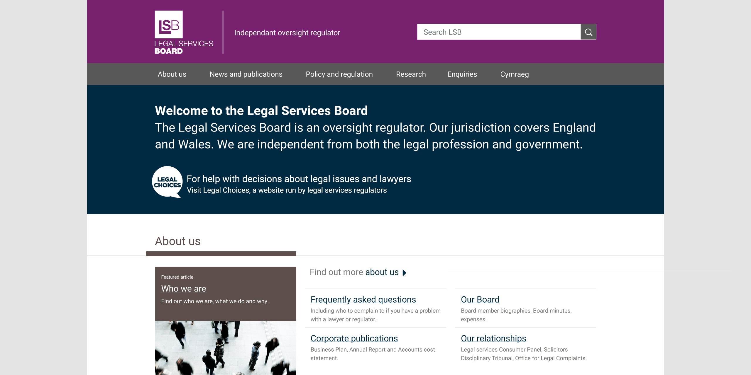 Legal Services Board website homepage showing welcome message and main navigation