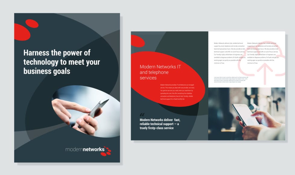 Front cover and inside spread from Modern Networks brochure displayed view from above on a light grey background.