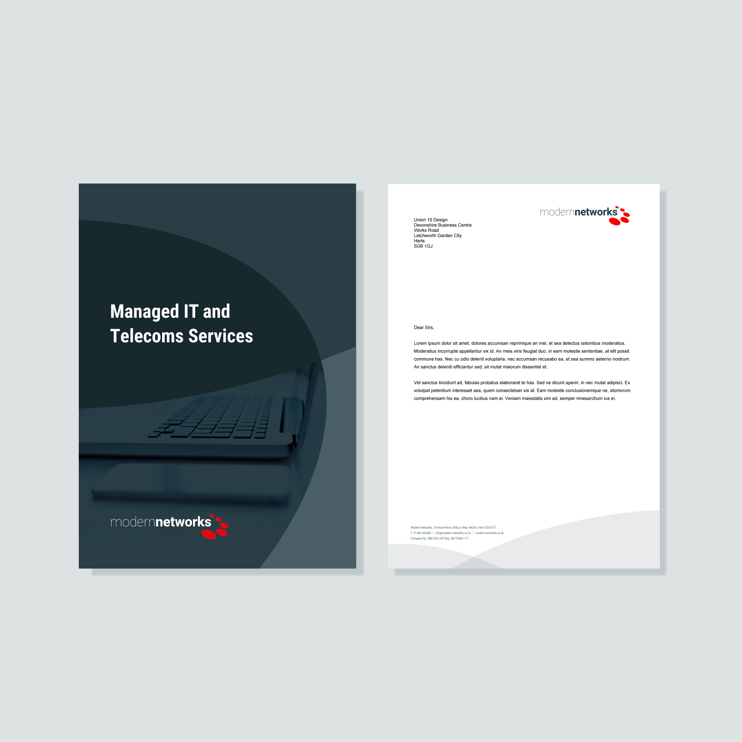 Modern Networks brochure and letterhead stationery mockups on a light background